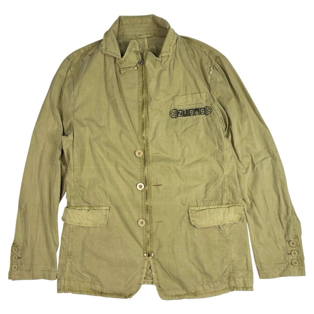 Zeus & Zeugma Mens Distressed Vintage Collared‎ Cotton Jacket Army Green Sz L